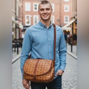 MCM VISETOS  VINTAGE COGNAC TWO SIDED LUGGAGE MESSENGER BAG. MADE IN GERMANY